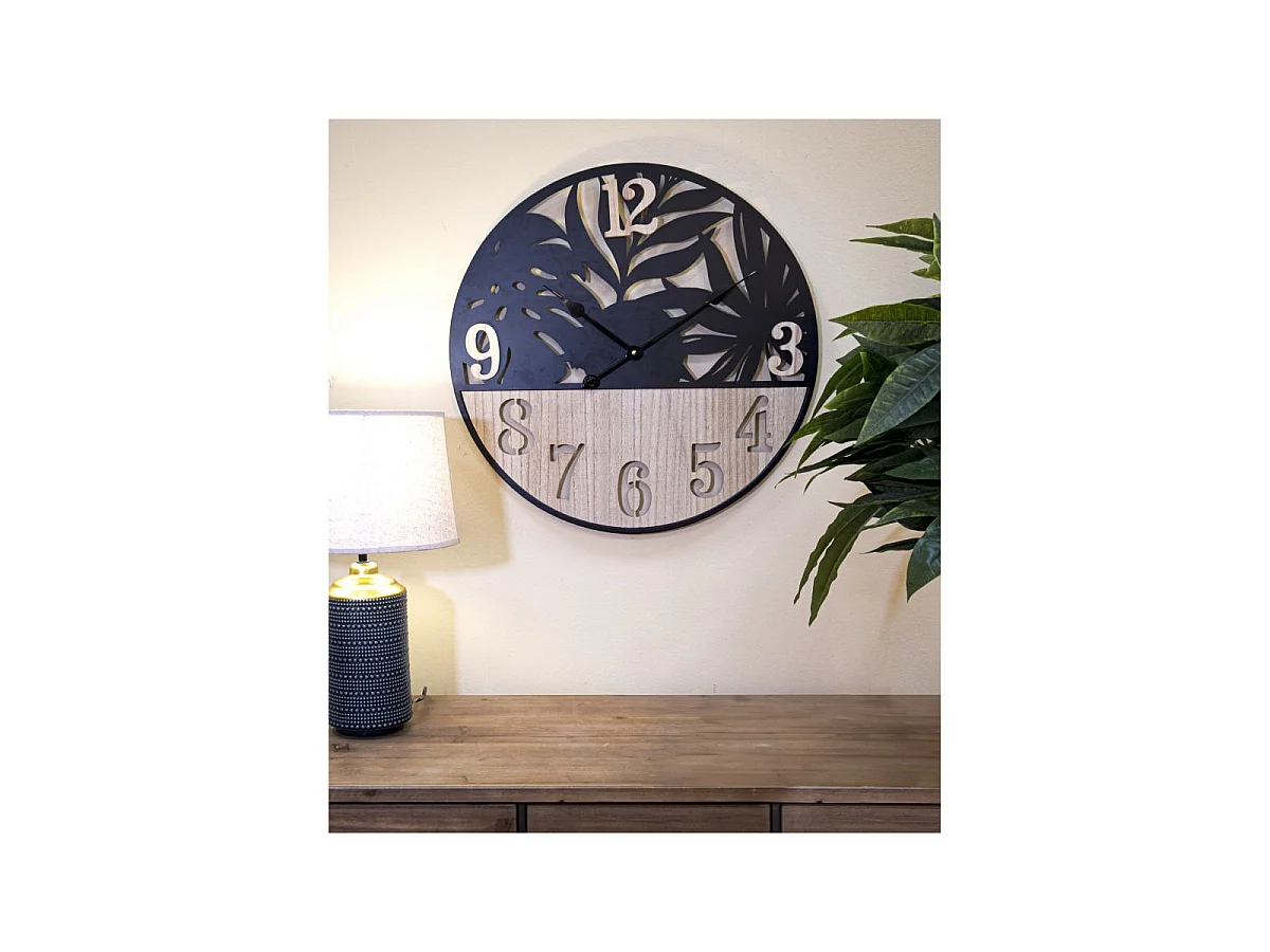 Zegar ścienny do salonu - czarny, brązowy, żelazo, motyw: palma, wys. 60 cm - Clock Palm