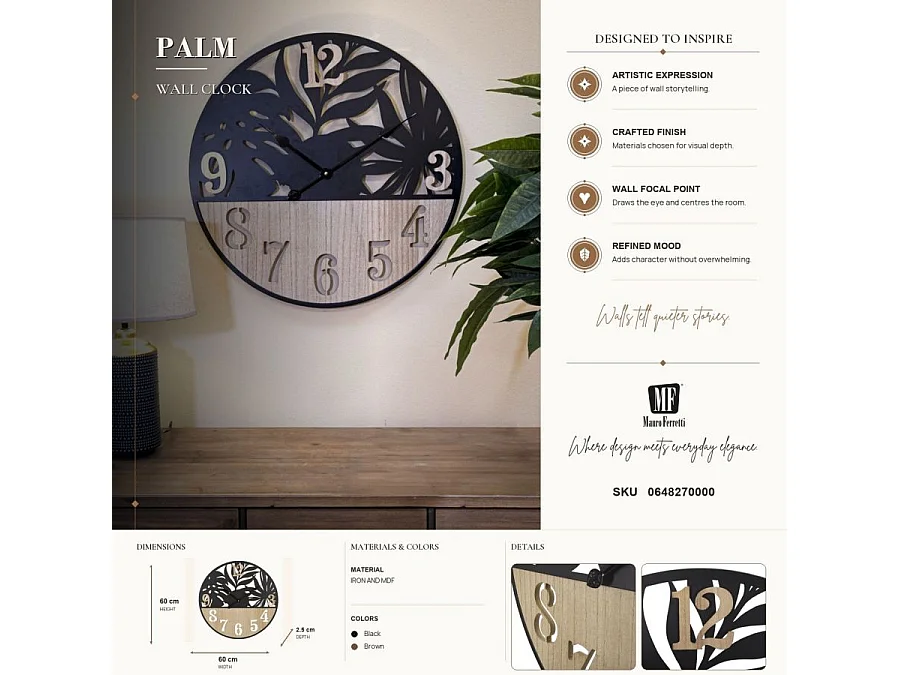 Zegar ścienny do salonu - czarny, brązowy, żelazo, motyw: palma, wys. 60 cm - Clock Palm