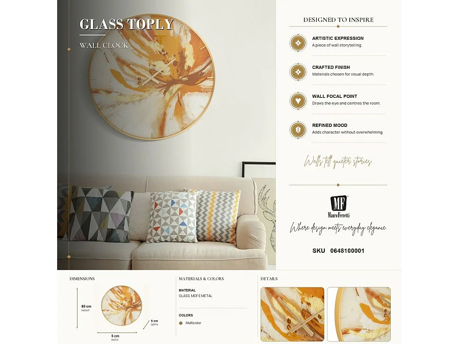 Glam Toply Wanduhr Ø 80 cm aus Glas, MDF und Metall mit Goldrahmen und mehrfarbigem Zifferblatt – Rundes, dekoratives Design