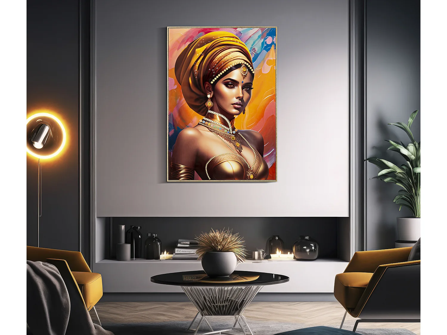 Dipinto su tela multicolore donna con cornice cm 72x4,5x102