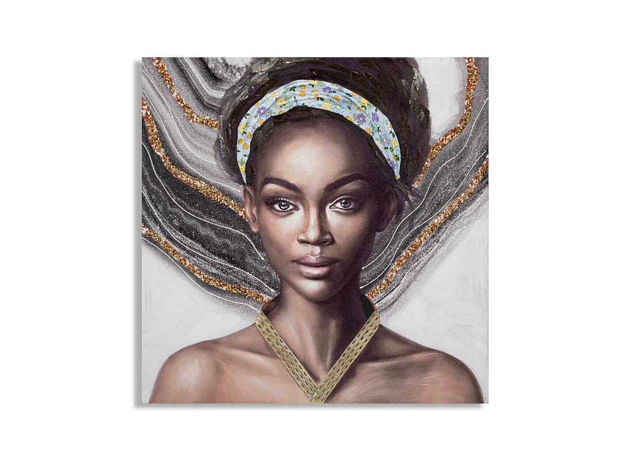 Peinture sur Toile Handmade Naomi - Visage Féminin avec Applications en Tissu - 100x3x100 cm