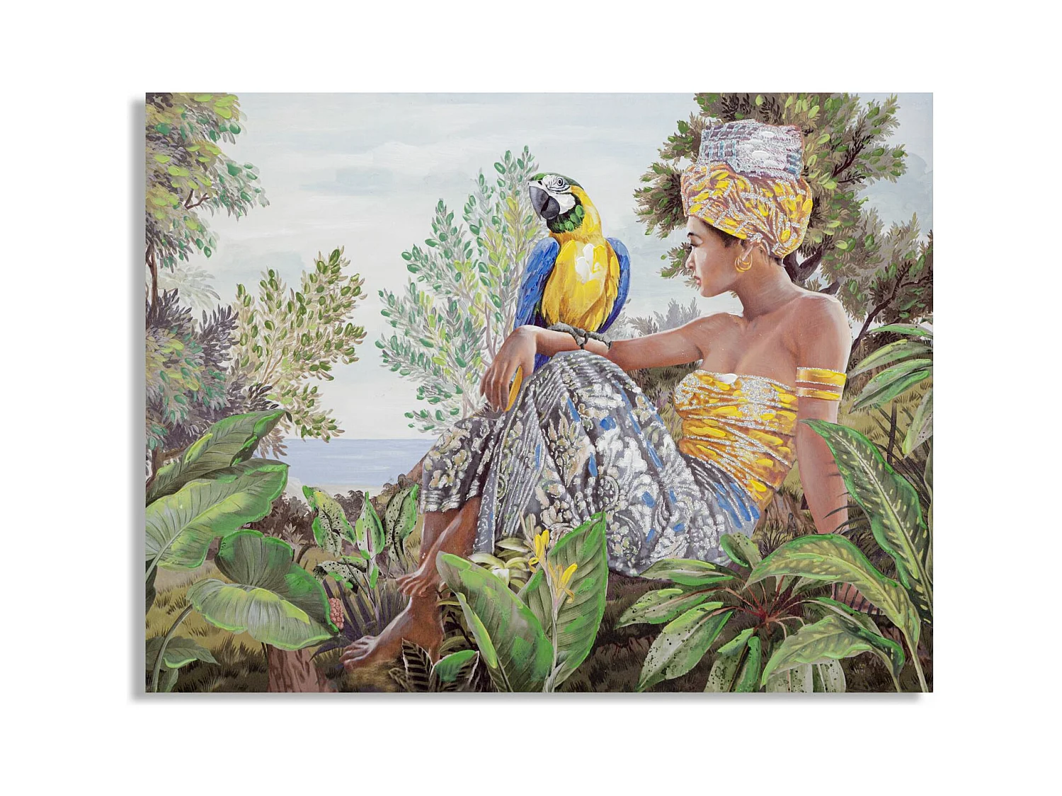 Peinture sur Toile Handmade Kenda - Femme Assise avec Perroquet - 120x3x90 cm