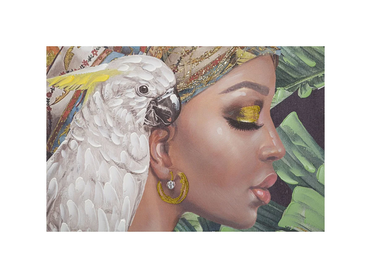 Veelkleurig canvas schilderij van een vrouw met applicaties, 90x3x120 cm