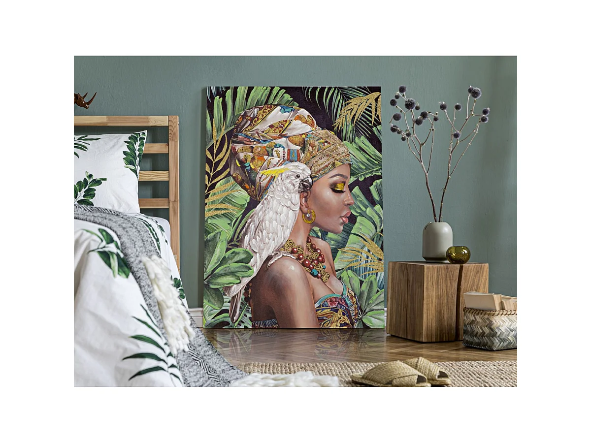 Veelkleurig canvas schilderij van een vrouw met applicaties, 90x3x120 cm