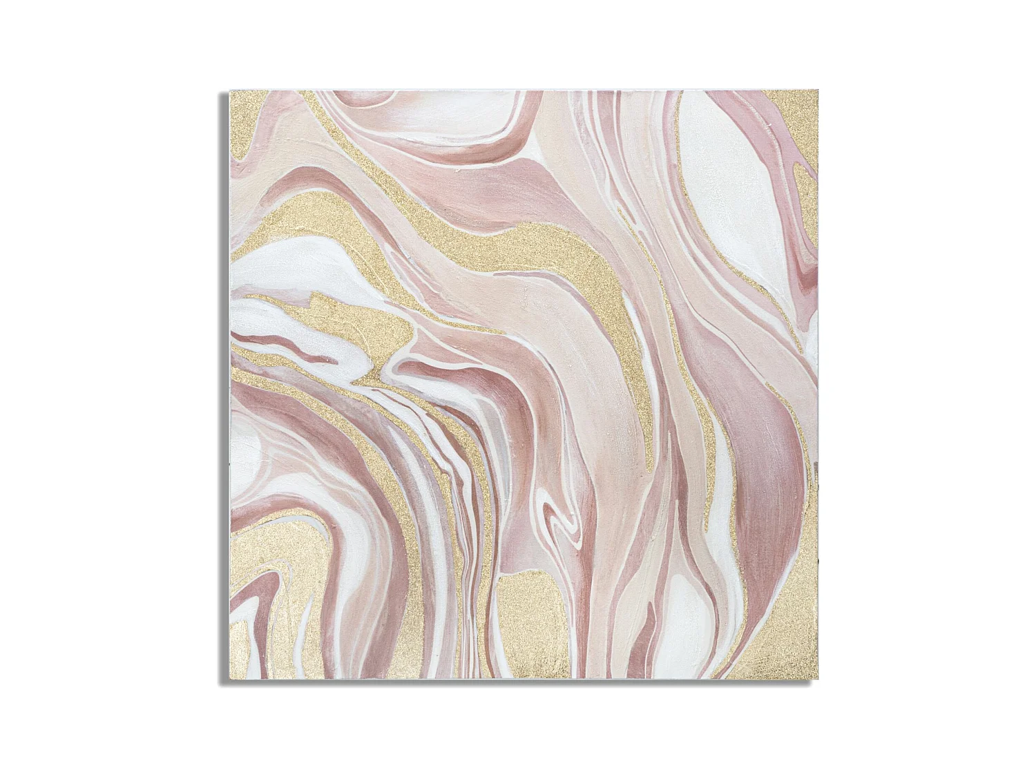 Tableau Abstrait Pinkly - Peinture sur Toile avec Cadre en Bois - 80x2,8x80 cm - Peinture Multicolore avec Détails en Or et Couleurs Chaleureuses