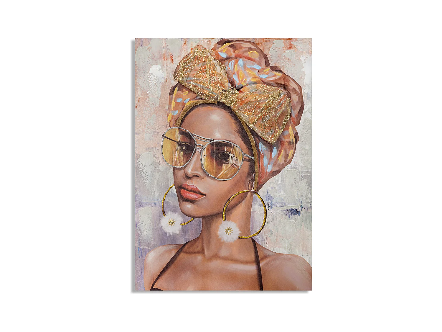 Peinture sur Toile Handmade Jennifer - Femme avec Coiffure et Applications en Tissu Élégantes - 70x3x100 cm