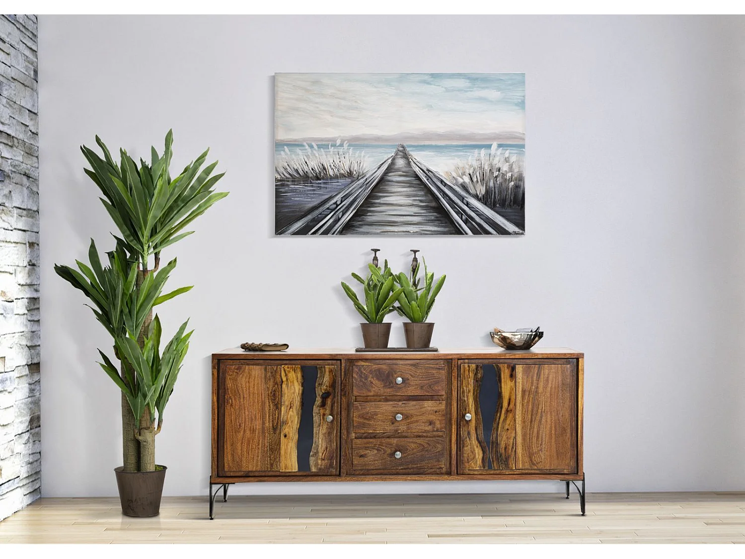 Dipinto su tela multicolore pontile cm 120x3,8x80