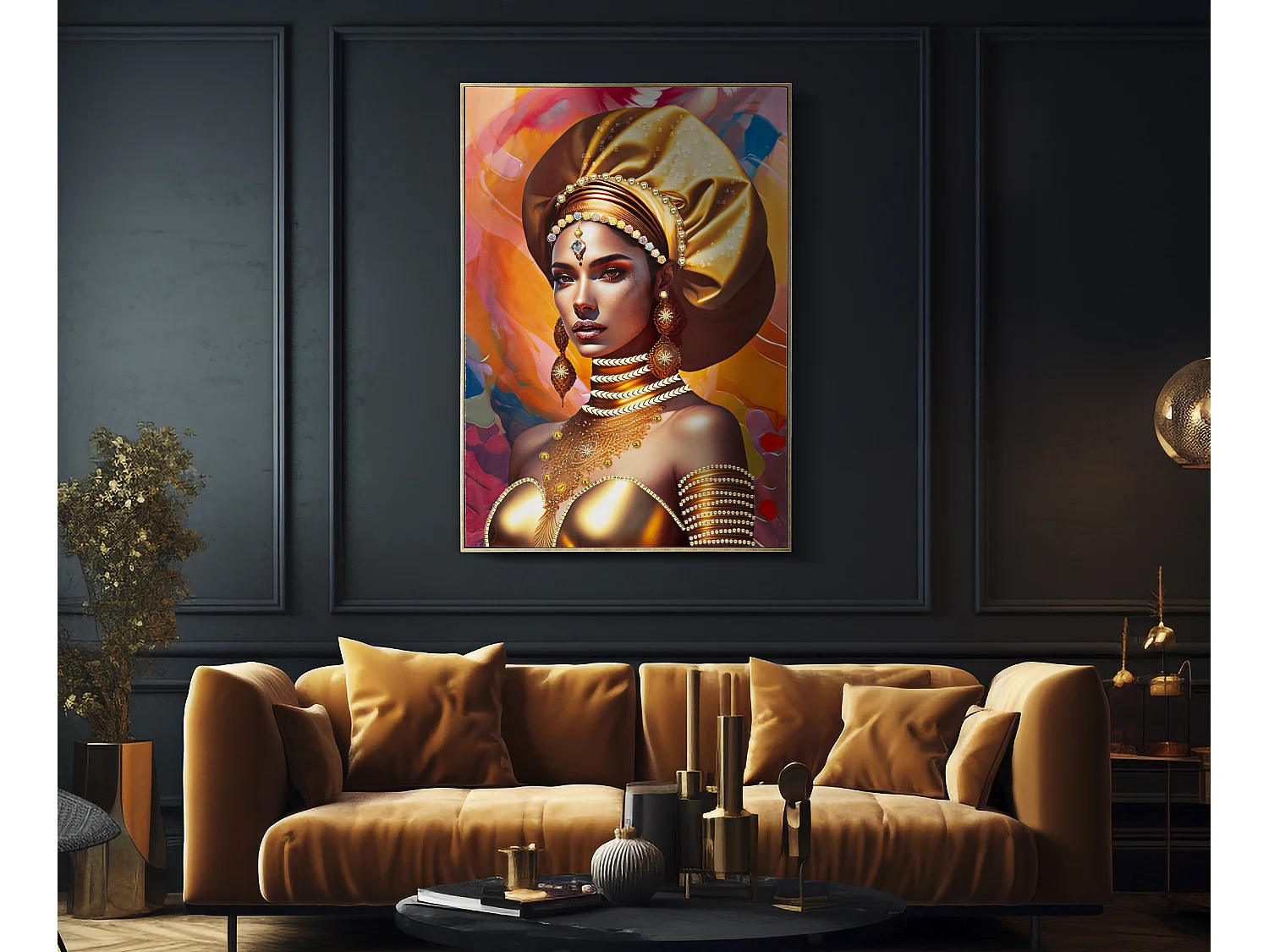 Dipinto su tela multicolore donna con cornice cm 72x4,5x102