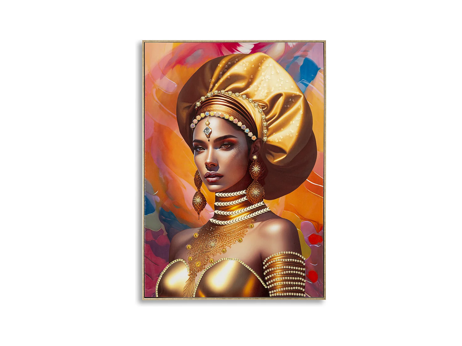 Peinture sur toile samira -B- avec Cadre en Métal Doré - Femme en Vêtements Traditionnels avec Turban - 72x4,5x102 cm