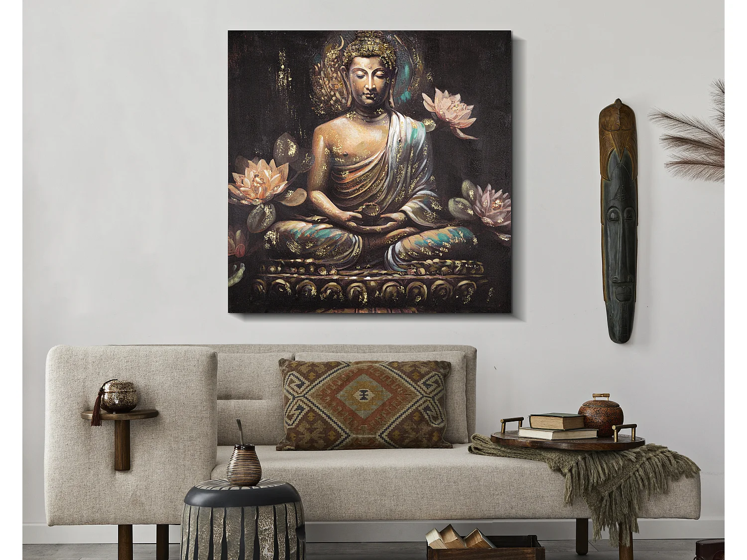 Toile Imprimée Déco "Bouddha Prière" 100x100cm Multicolore
