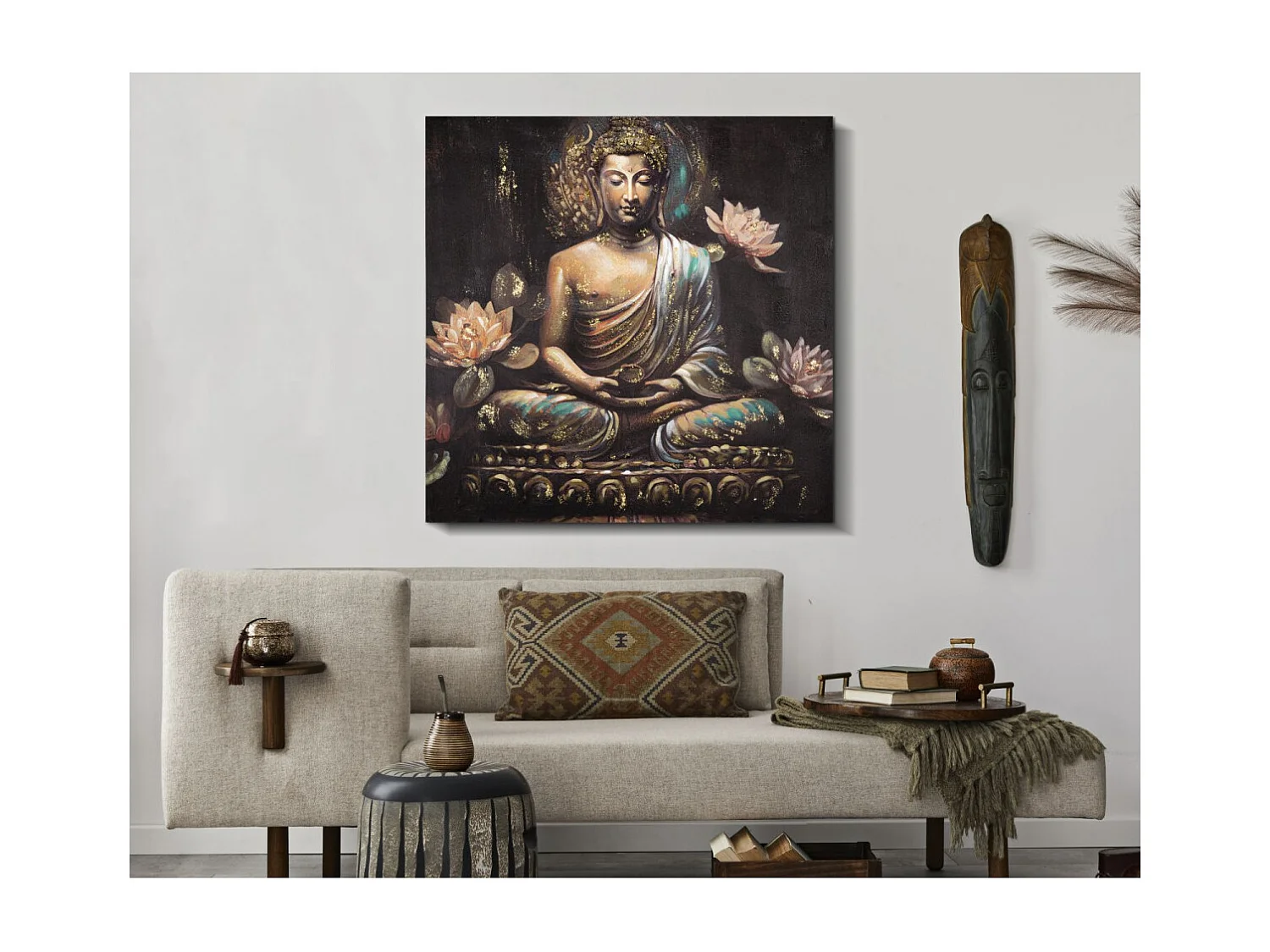 Toile Imprimée Déco "Bouddha Prière" 100x100cm Multicolore