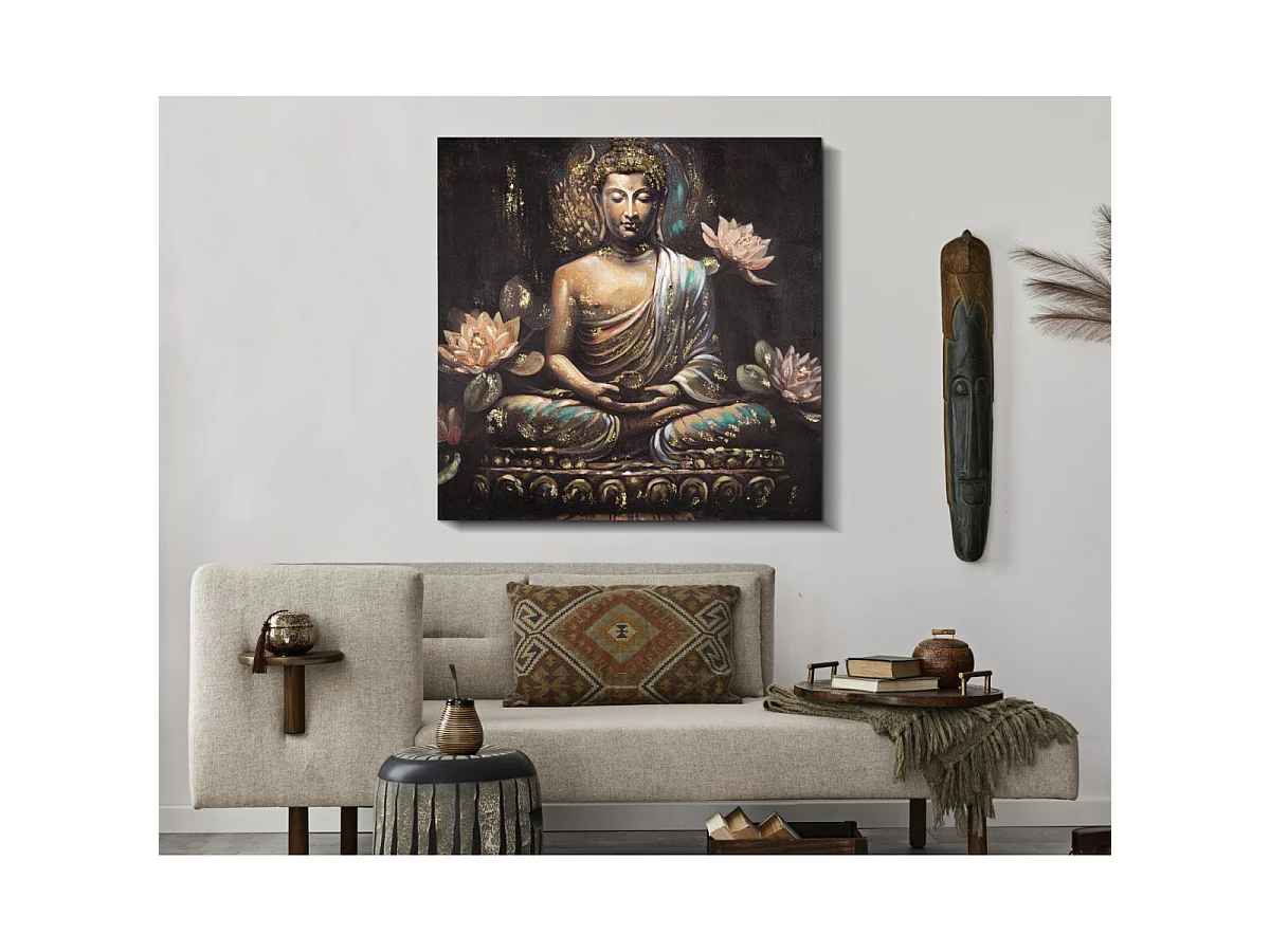 Toile Imprimée Déco "Bouddha Prière" 100x100cm Multicolore