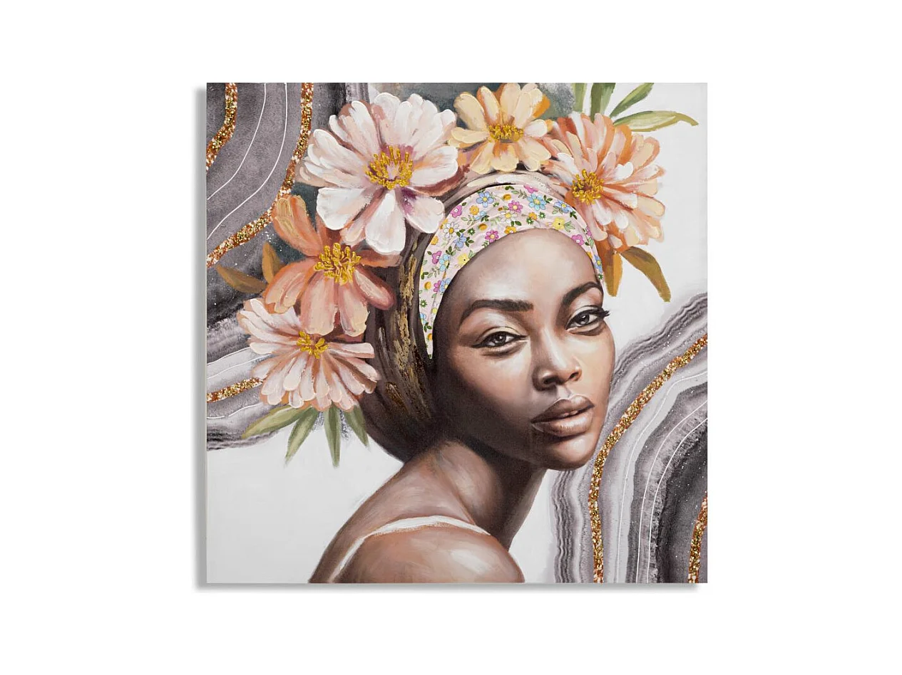 Peinture sur Toile Handmade Naomi - Visage Féminin avec Coiffure Florale - 100x3x100 cm