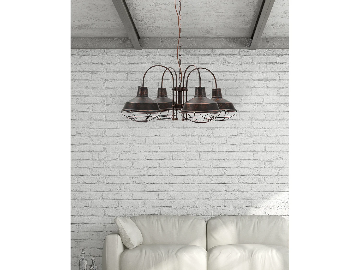 Lampadario in metallo marrone con 4 punti luce cm 80x80x40