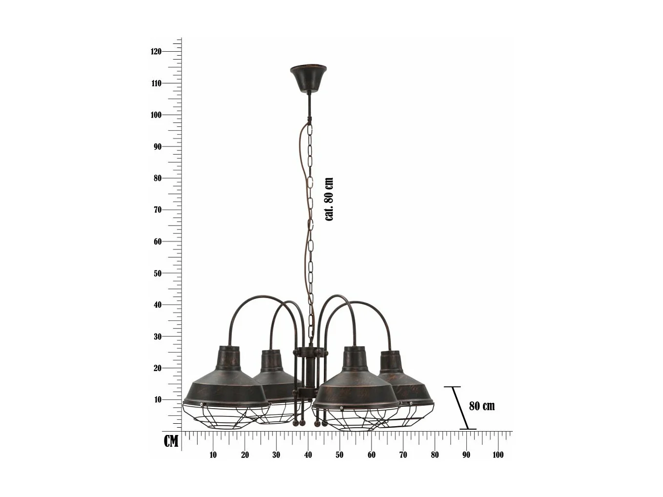 Lampadario in metallo marrone con 4 punti luce cm 80x80x40