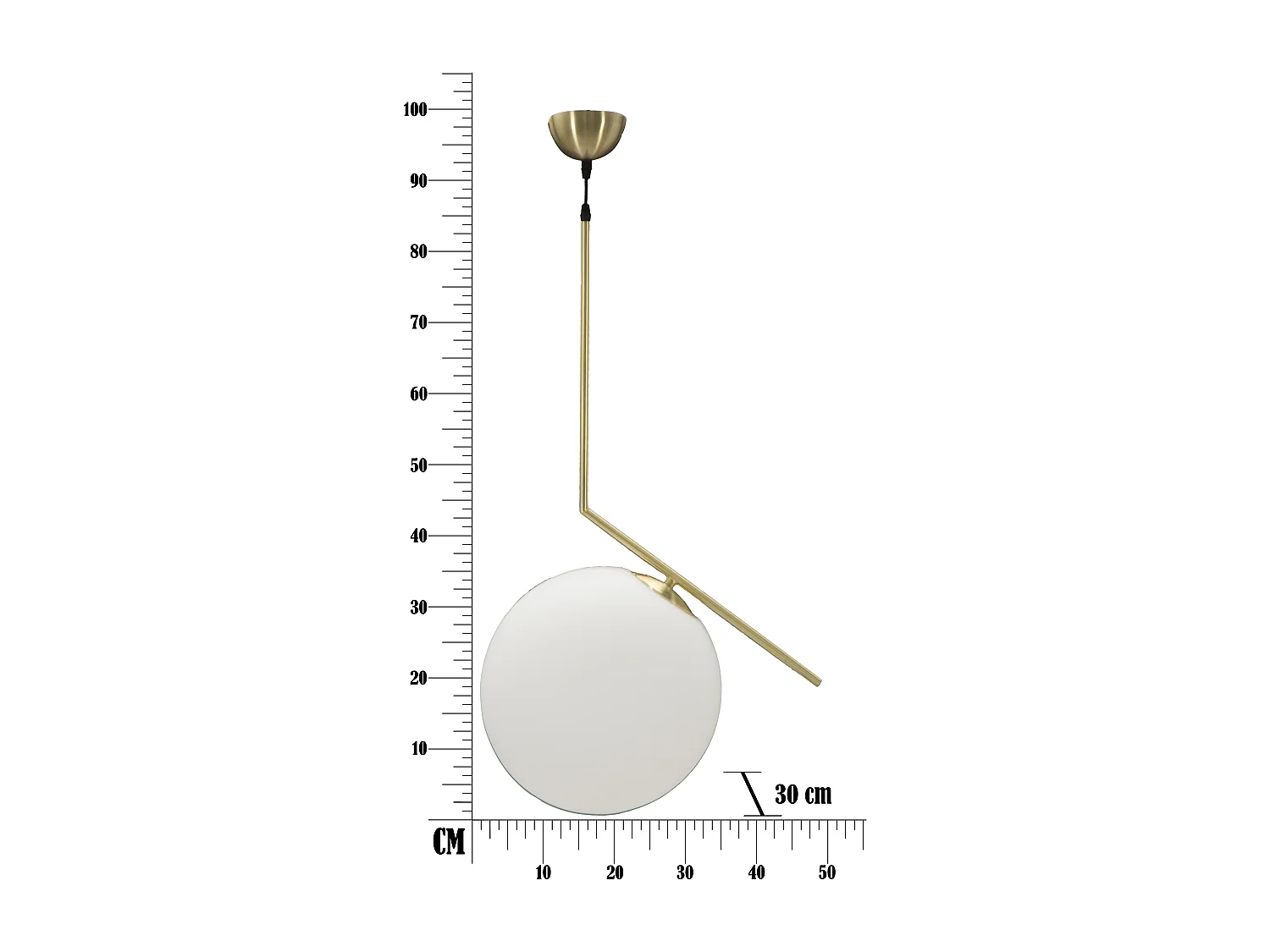 Lampadario in metallo dorato con sfera in vetro bianco cm 50x30x100