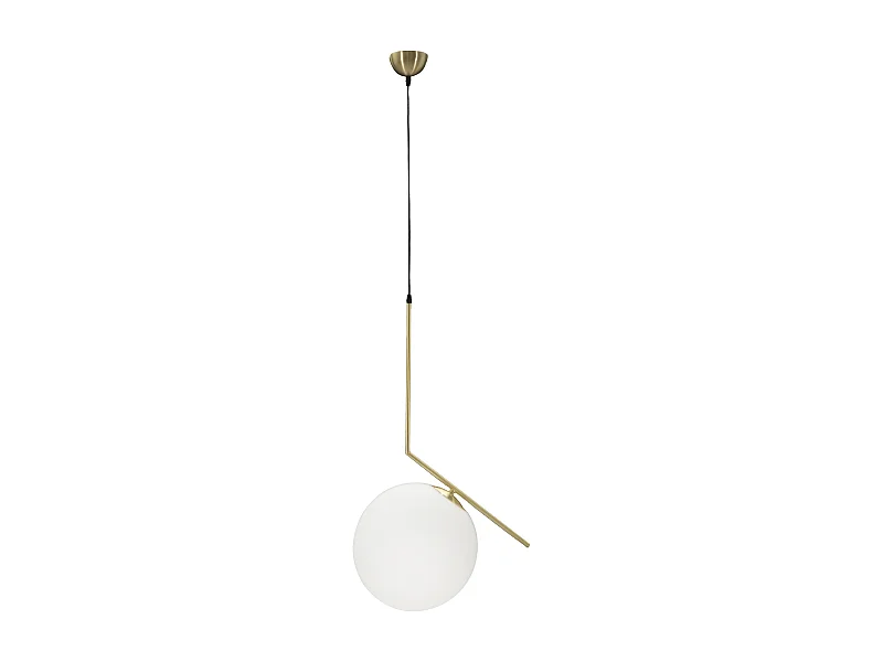 Lampadario in metallo dorato con sfera in vetro bianco cm 50x30x100