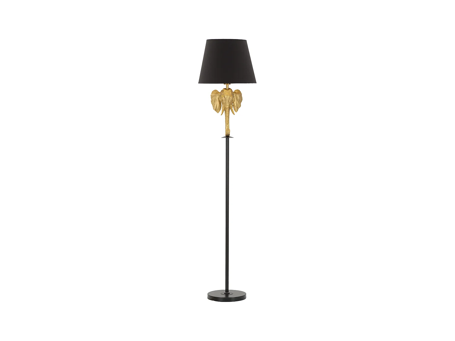 Lampe sur Pied ELEPHANT - Tête d'éléphant dorée et abat-jour noir - Ø 37 cm x Hauteur 164 cm - Polyrésine, fer, papier et tissu.