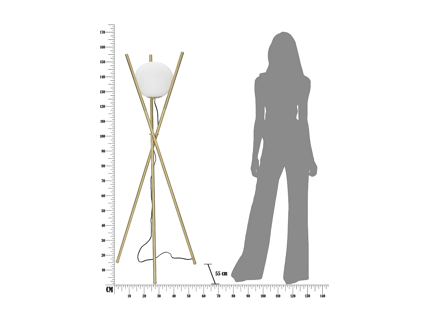 Piantana in metallo dorata con sfera in vetro bianco Ø cm 55x155
