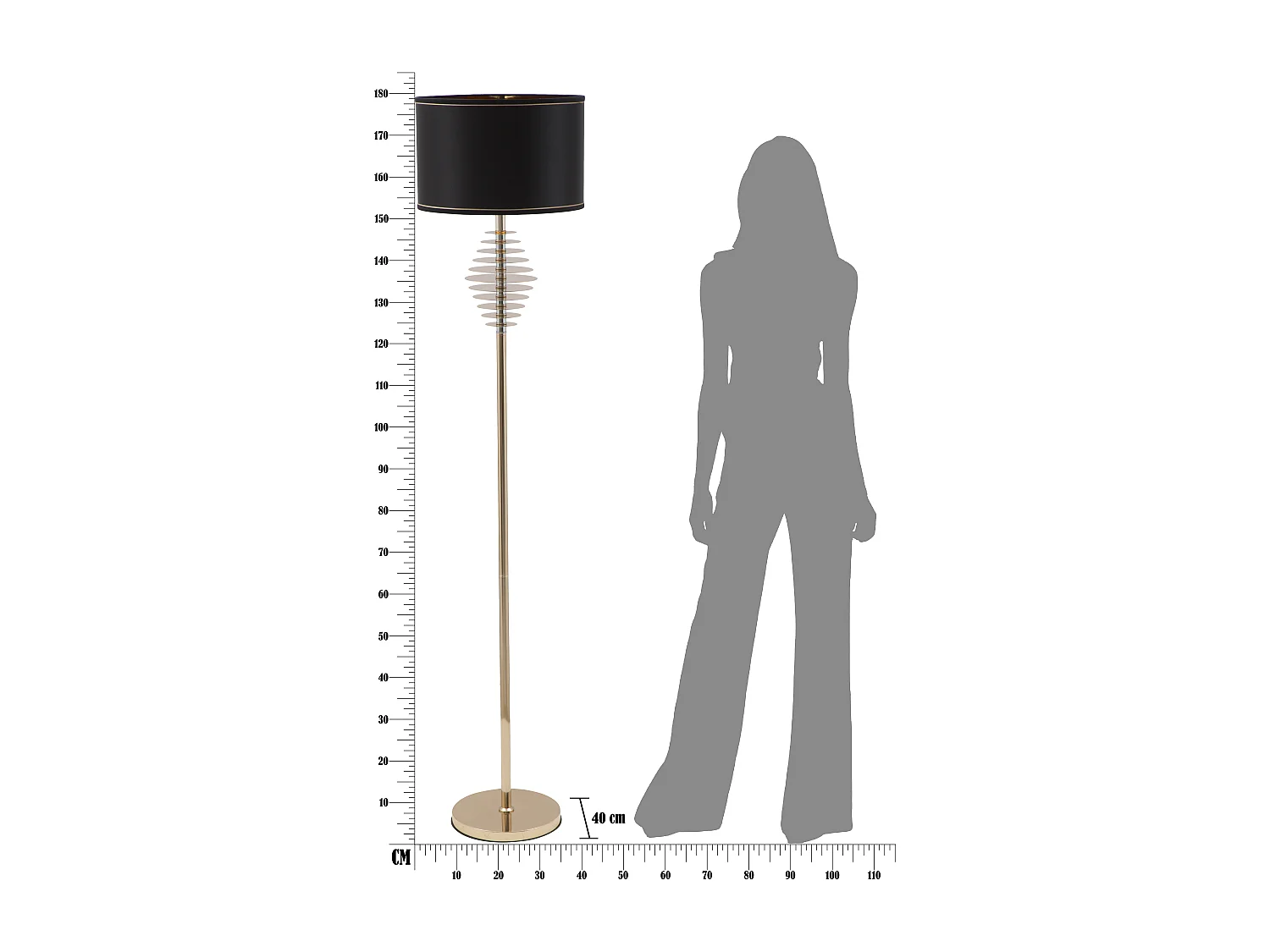 Lampadaire en métal doré avec abat-jour noir Ø cm 40x180