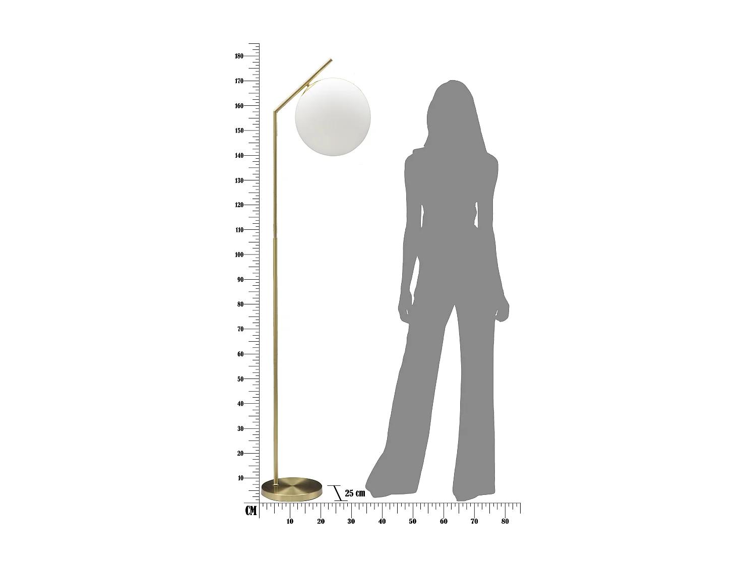 Lampadaire en métal doré avec sphère en verre blanc, 25x36x179 cm