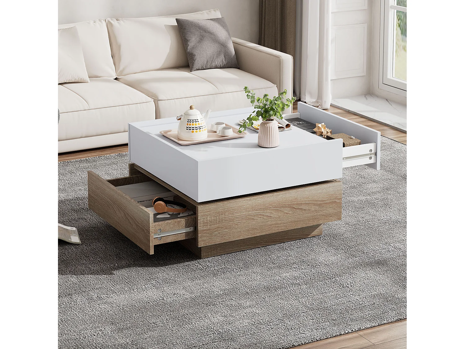 Table basse carré rotatif à 360° - avec 2 tiroirs - 60x60x38 cm - Blanc & Naturel