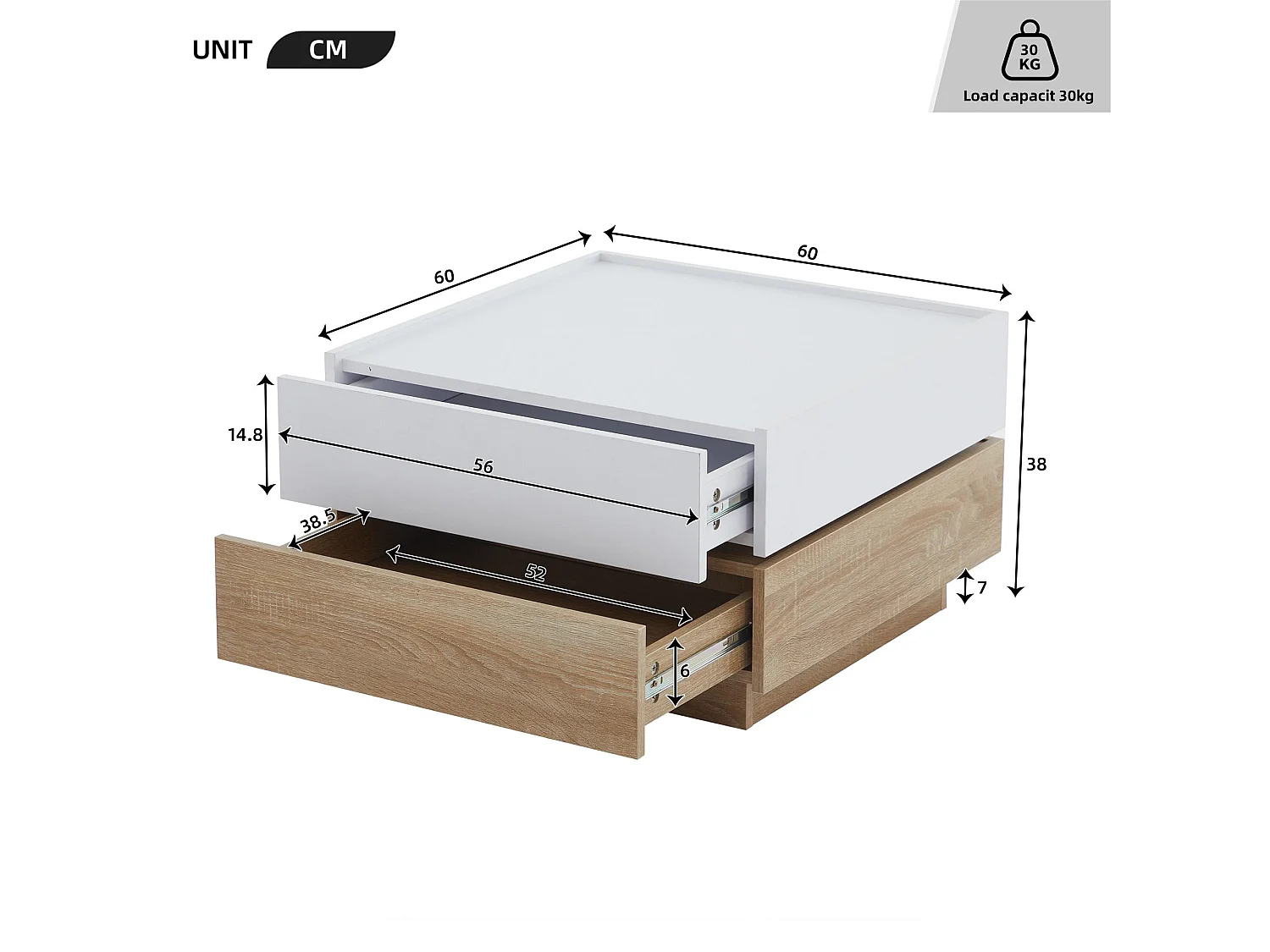 Table basse carré rotatif à 360° - avec 2 tiroirs - 60x60x38 cm - Blanc & Naturel