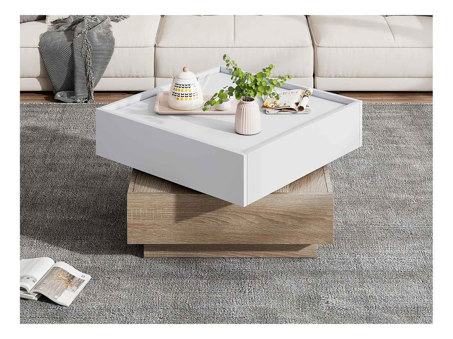 Table basse carré rotatif à 360° - avec 2 tiroirs - 60x60x38 cm - Blanc & Naturel
