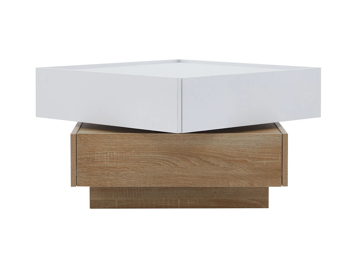 Table basse carré rotatif à 360° - avec 2 tiroirs - 60x60x38 cm - Blanc & Naturel