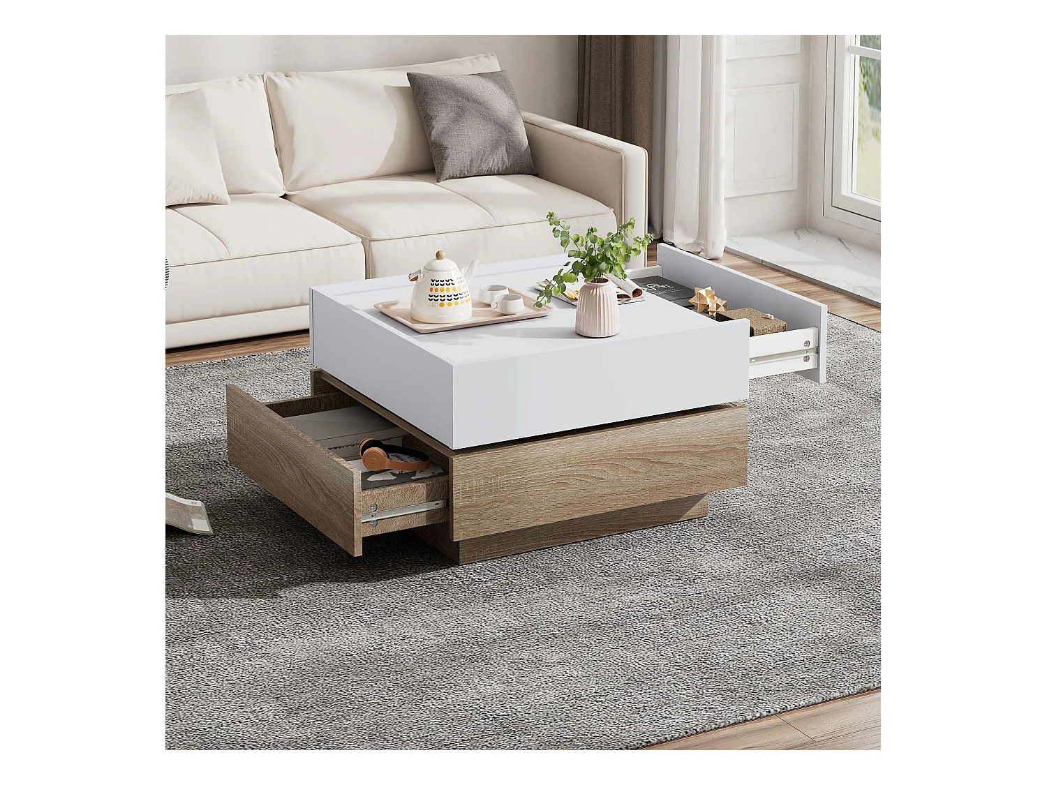 Table basse carré rotatif à 360° - avec 2 tiroirs - 60x60x38 cm - Blanc & Naturel