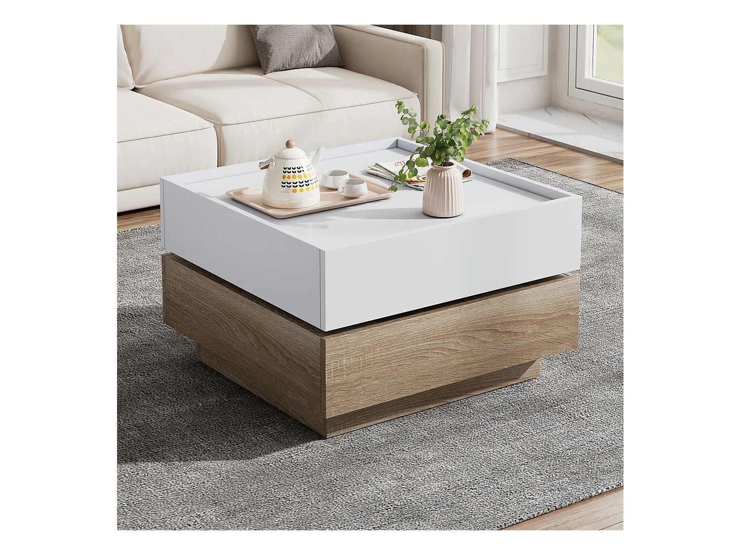 Table basse carré rotatif à 360° - avec 2 tiroirs - 60x60x38 cm - Blanc & Naturel