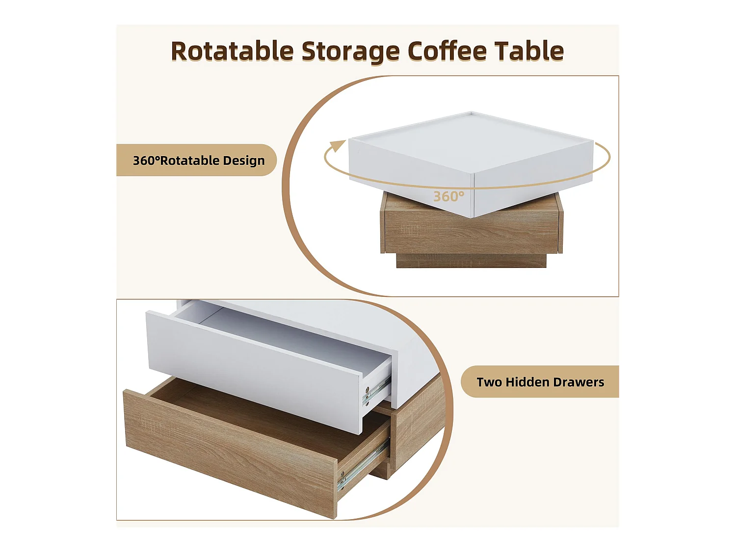 Table basse carré rotatif à 360° - avec 2 tiroirs - 60x60x38 cm - Blanc & Naturel
