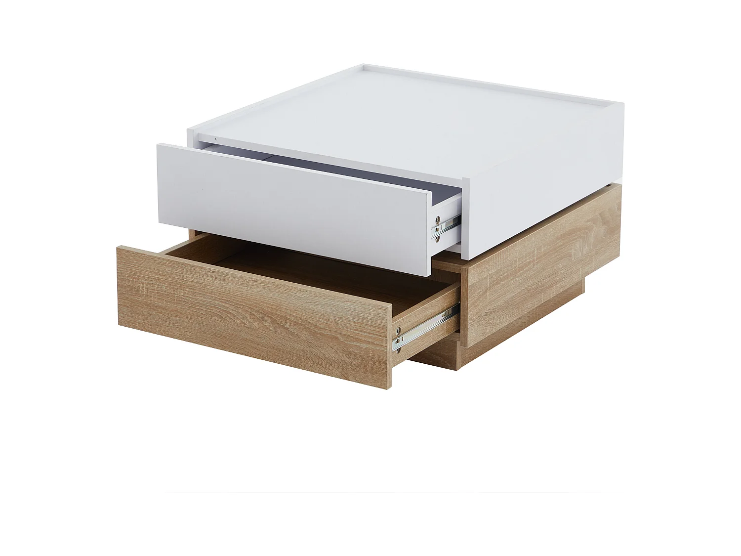 Table basse carré rotatif à 360° - avec 2 tiroirs - 60x60x38 cm - Blanc & Naturel