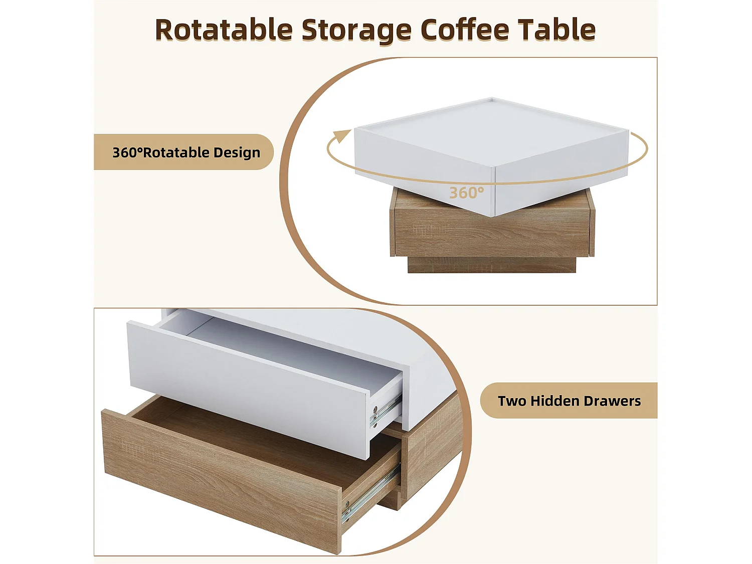 Table basse carré rotatif à 360° - avec 2 tiroirs - 60x60x38 cm - Blanc & Naturel