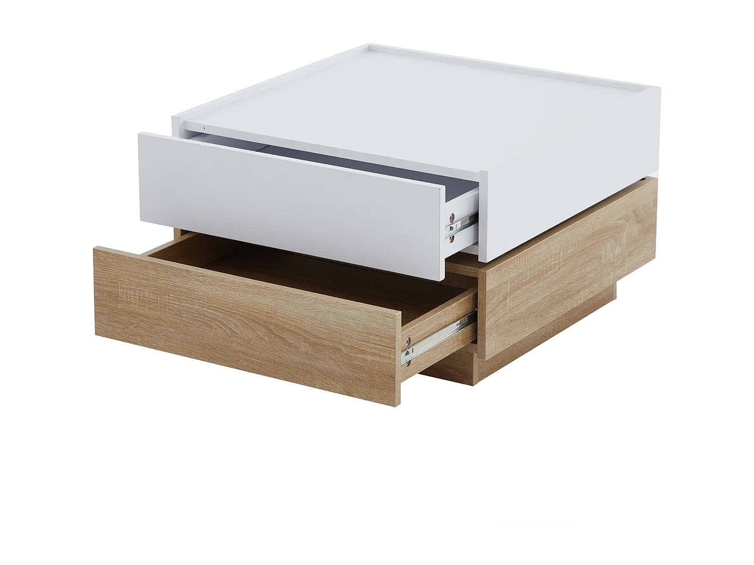 Table basse carré rotatif à 360° - avec 2 tiroirs - 60x60x38 cm - Blanc & Naturel