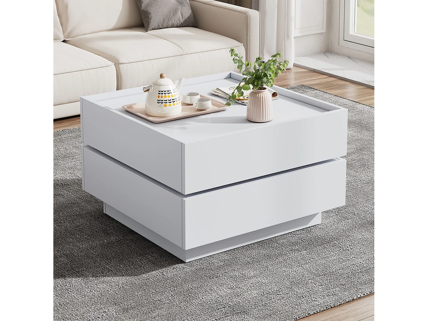 Table basse carré rotatif à 360° - avec 2 tiroirs - 60x60x38 cm - Blanc