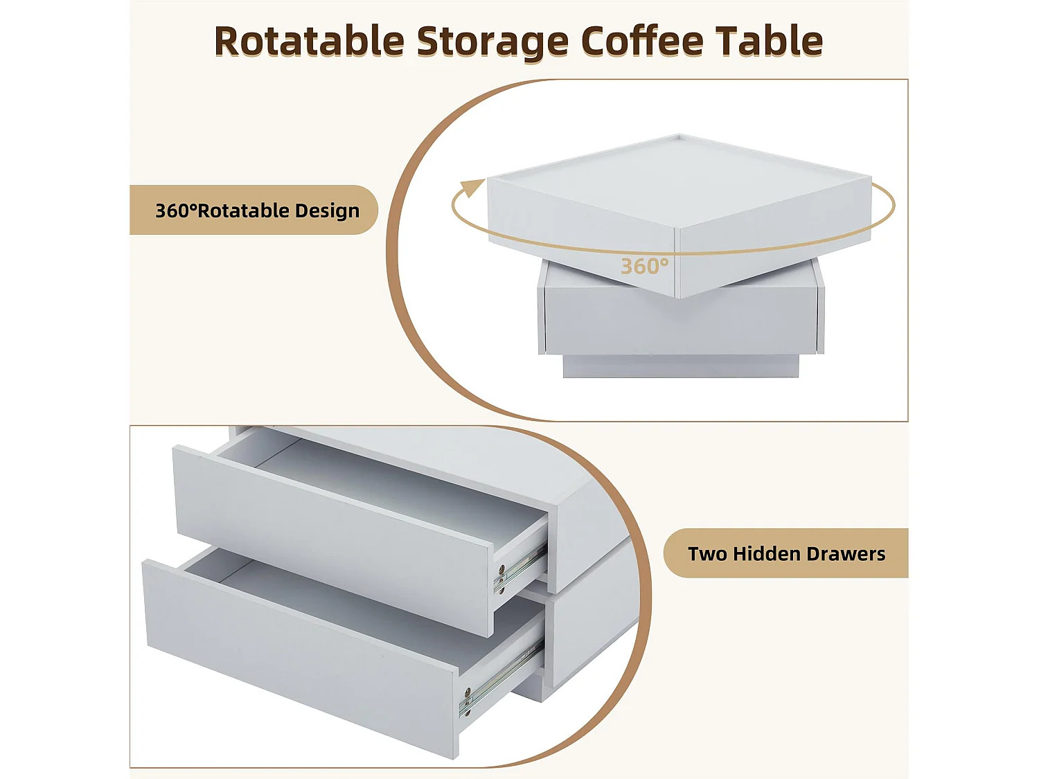 Table basse carré rotatif à 360° - avec 2 tiroirs - 60x60x38 cm - Blanc