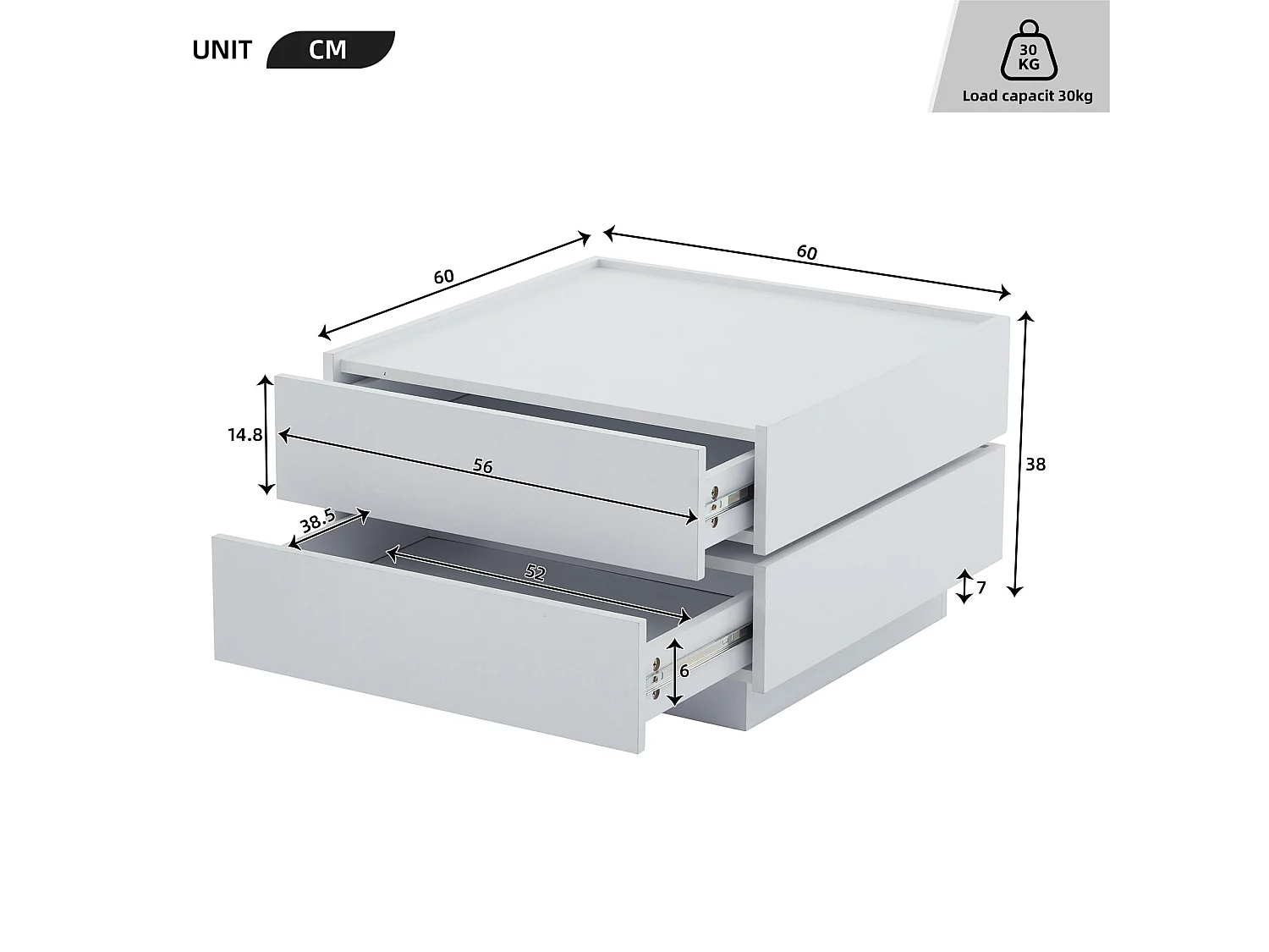 Table basse carré rotatif à 360° - avec 2 tiroirs - 60x60x38 cm - Blanc