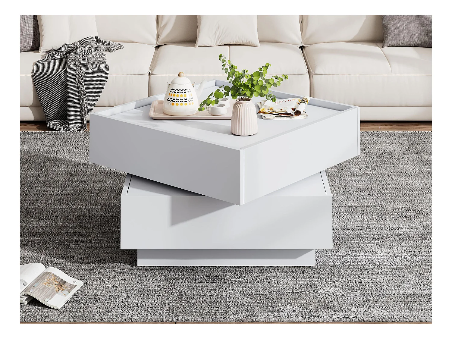 Tavolino quadrato girevole 360° - con 2 cassetti - 60x60x38 cm - Bianco