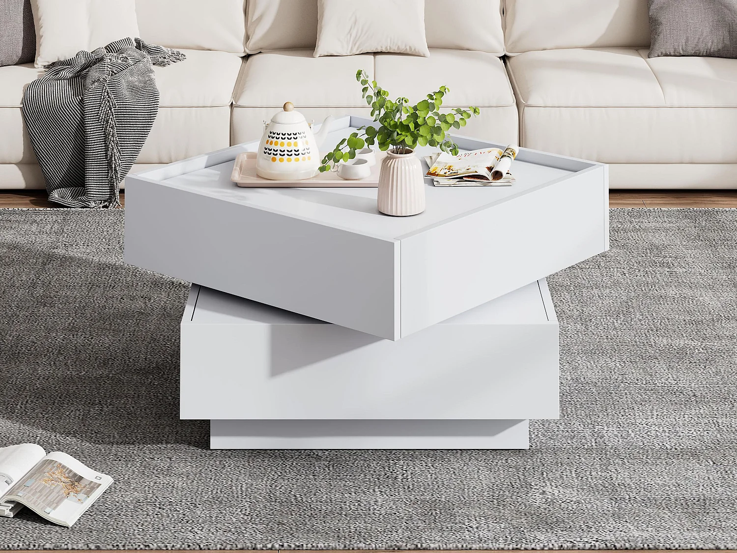 Table basse carré rotatif à 360° - avec 2 tiroirs - 60x60x38 cm - Blanc