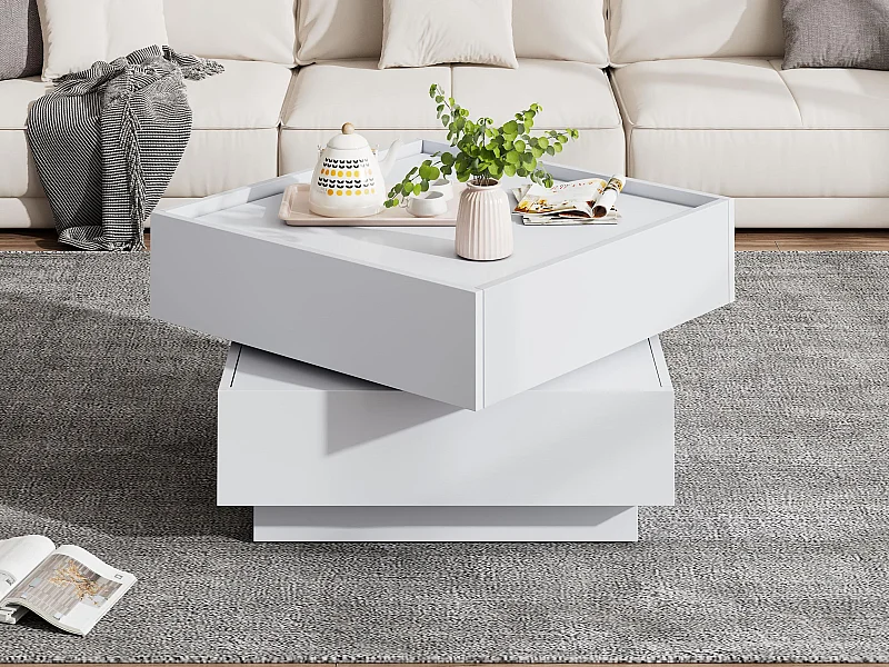 Tavolino quadrato girevole 360° - con 2 cassetti - 60x60x38 cm - Bianco