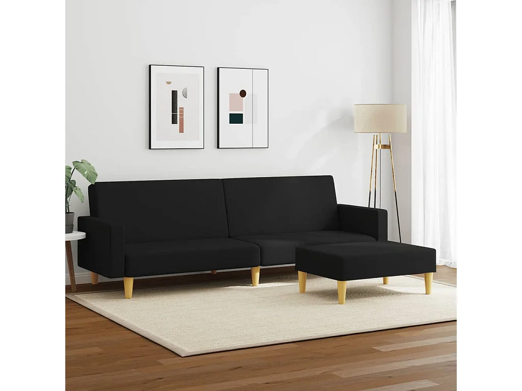 Canapé-lit à 2 places avec repose-pied noir tissu