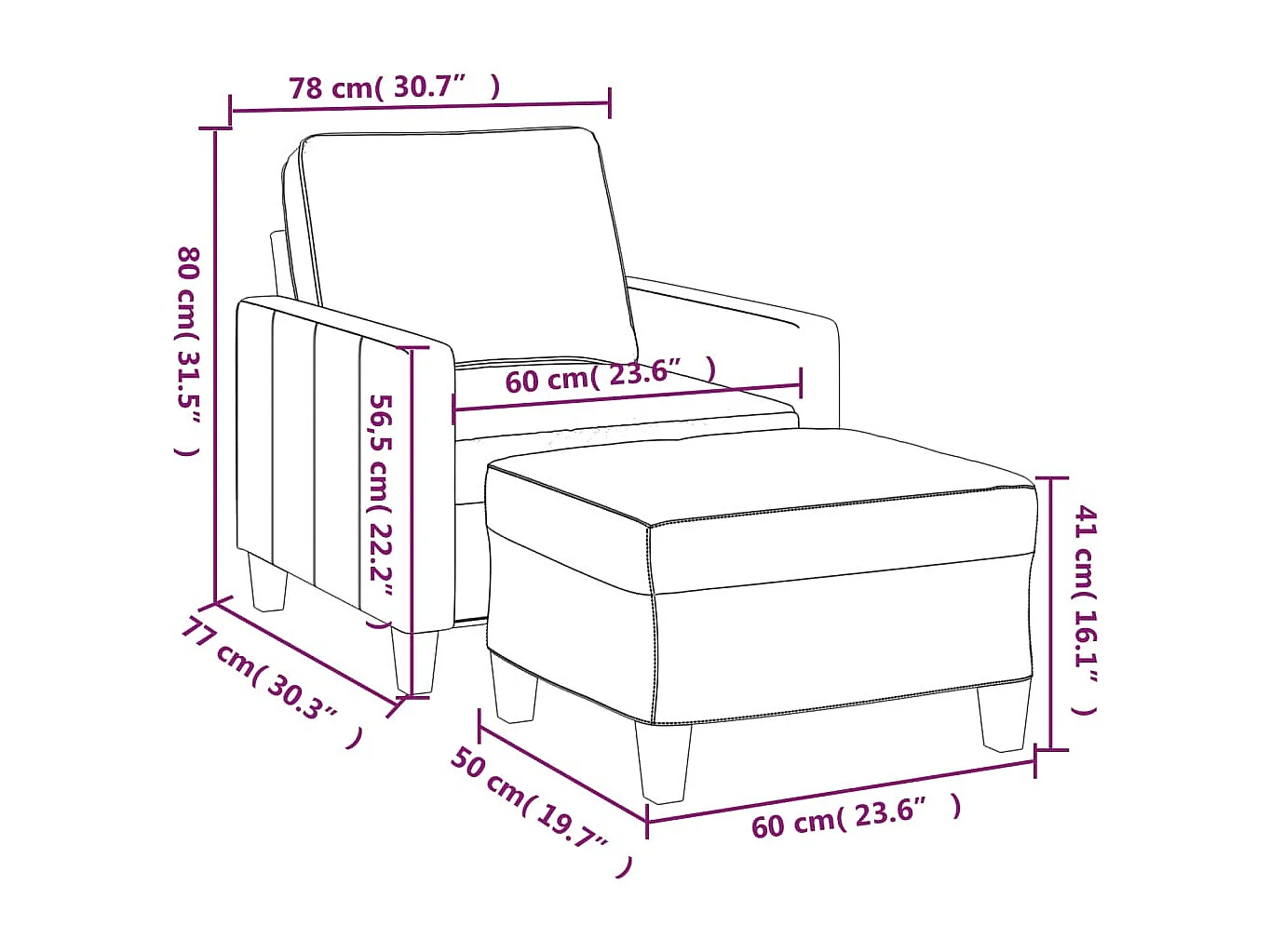 Fauteuil met voetenbank 60 cm stof zwart