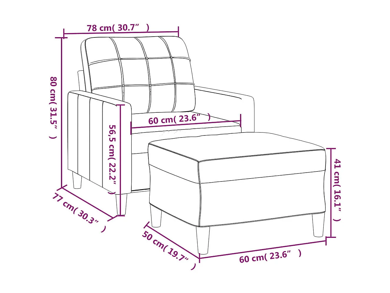 Fauteuil met voetenbank 60 cm stof wijnrood