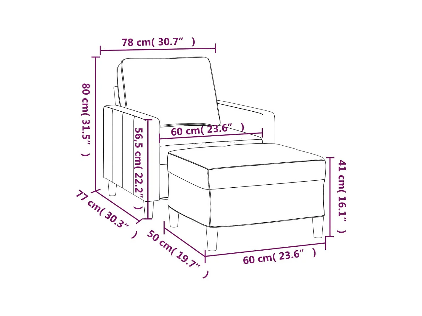 Sillón con taburete terciopelo azul 60 cm