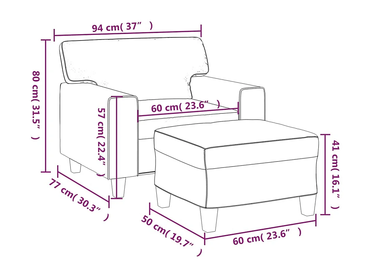 Poltrona com apoio de pés couro artificial 60 cm cinzento