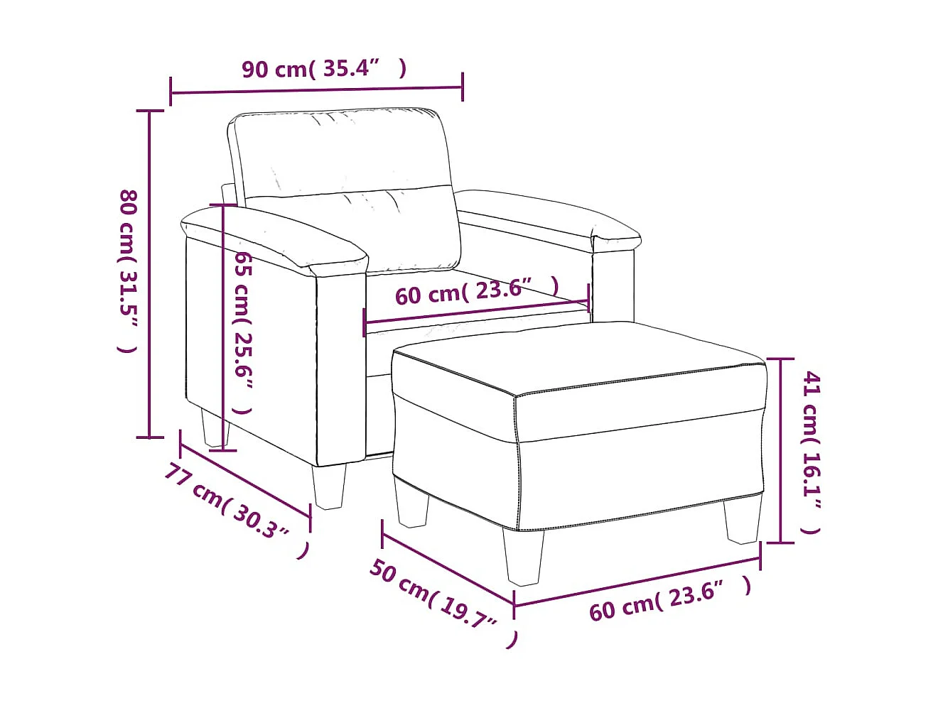 Fauteuil met voetenbank 60 cm kunstleer crèmekleurig