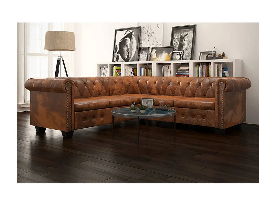 Canapé d'angle Chesterfield 5 plcs Cuir artificiel Marron