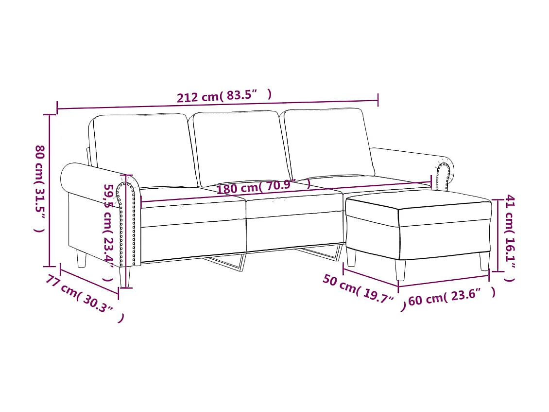Driezitsbank met voetenbank 180 cm fluweel crèmekleurig