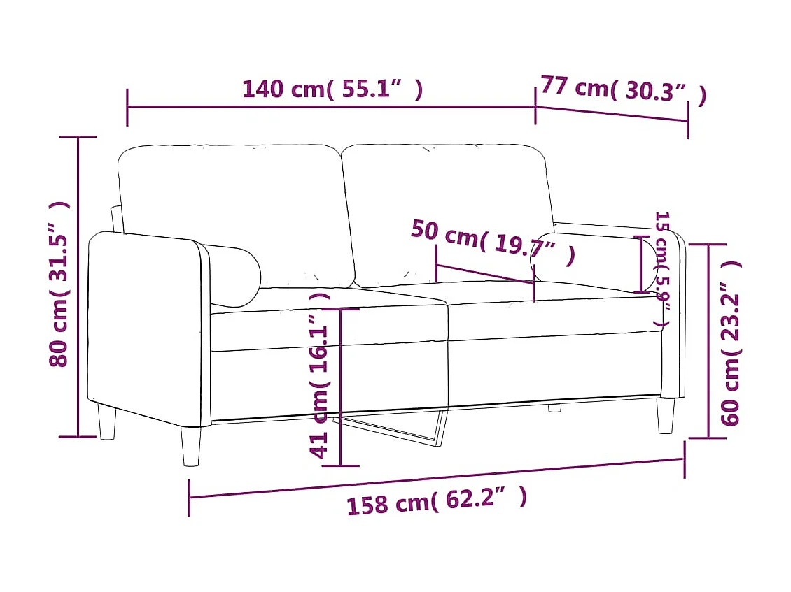 Canapé 2 places avec oreillers décoratifs crème 140 cm velours